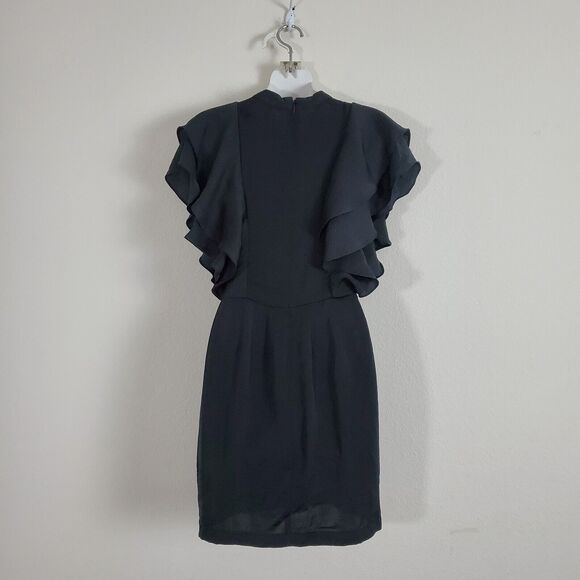 Avec Les Filles Dress Womens XS Black Ruffles Faux Wrap Mini Satin - Picture 9 of 12